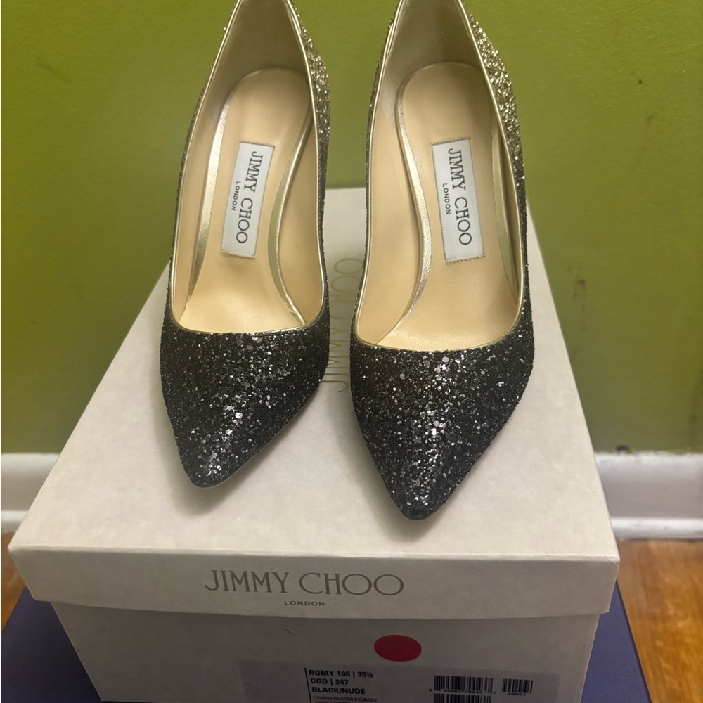 Jimmy Choo Black Glitter Pointed Toe Pumps with Gold Trim